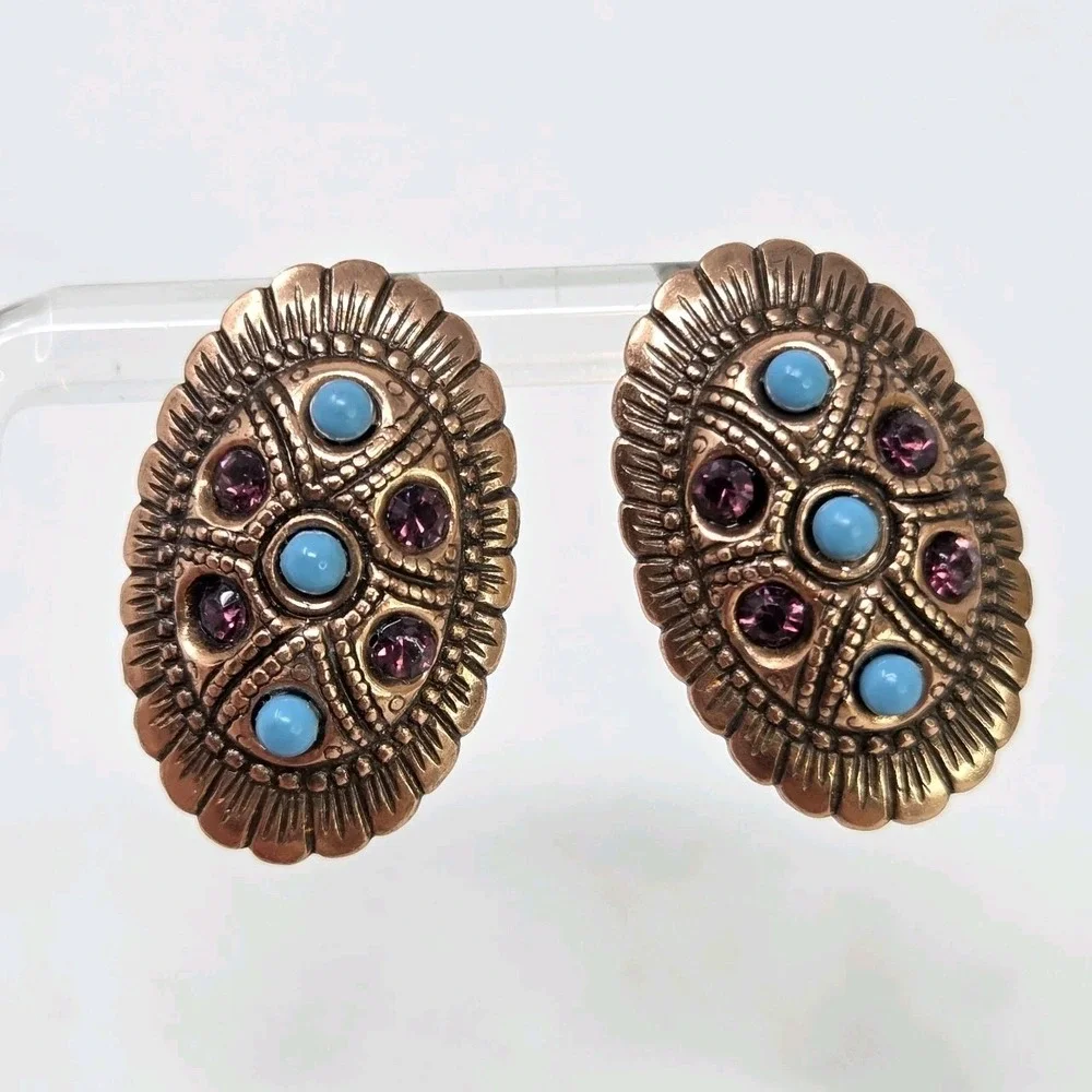 Southwestern Style Copper Turquoise‎ Amethyst Oval Stud Earrings 1